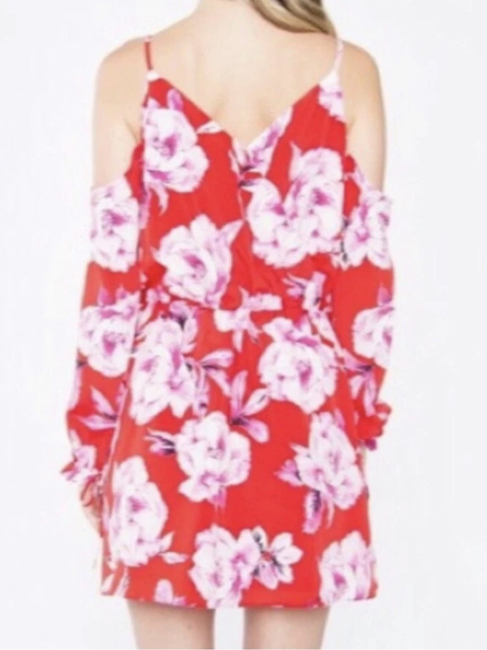 Sugarlips Red Cold-Shoulder Floral Mini Dress